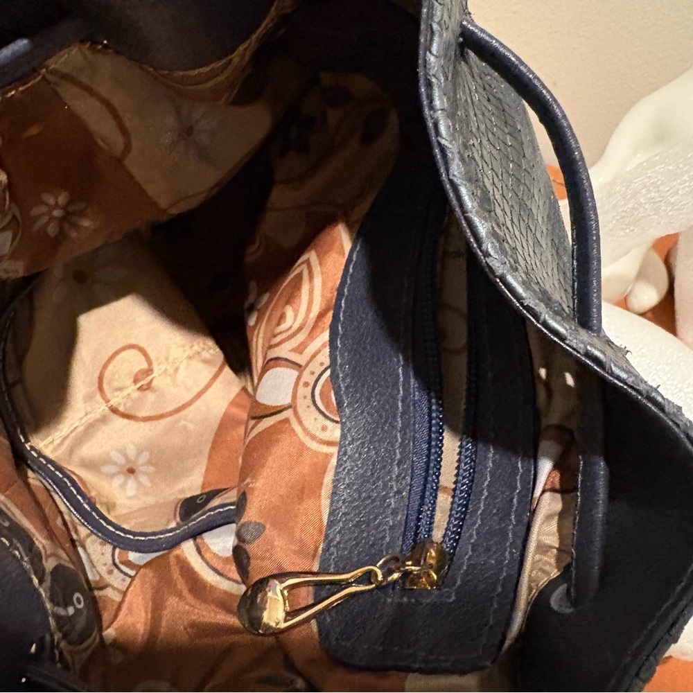 Retro Python Snake Croc Embossed Blue Metallic Bucket Bag Designer Style - Picture 9 of 9